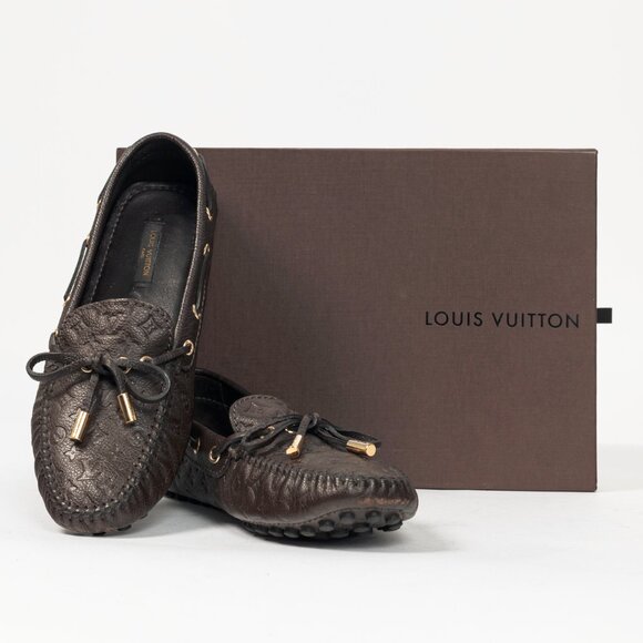 Louis Vuitton Gloria Brown Monogram-Embossed Leather Flat Loafers - Picture 14 of 14